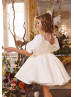 Puff Sleeves Ivory Beaded Satin Short Flower Girl Dress